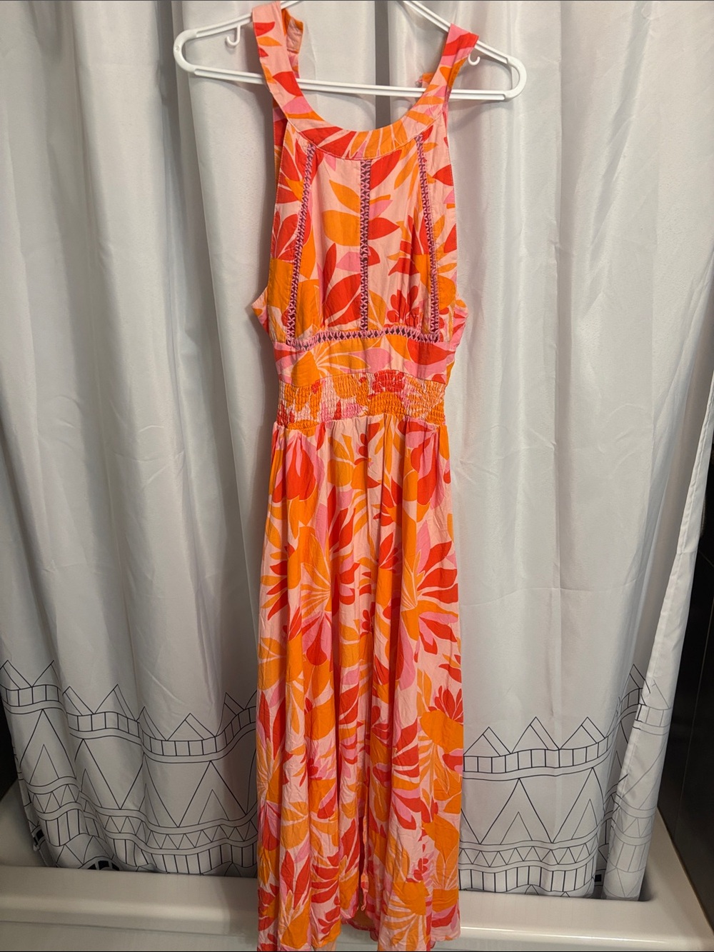 Sleeveless MWT Pink & Orange Large Floral Maxi Dress with Smocked Waist
